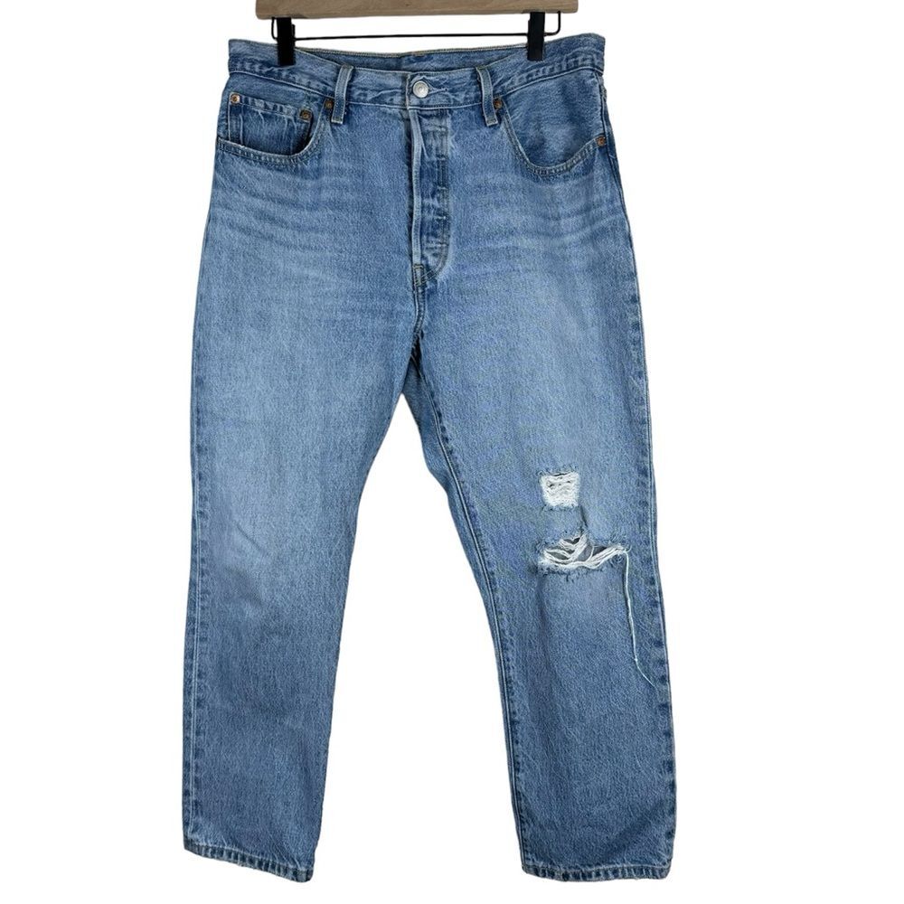 Levi's Premium 501 Original Cropped Jeans Ripped Knees Straight Leg Cotton 32